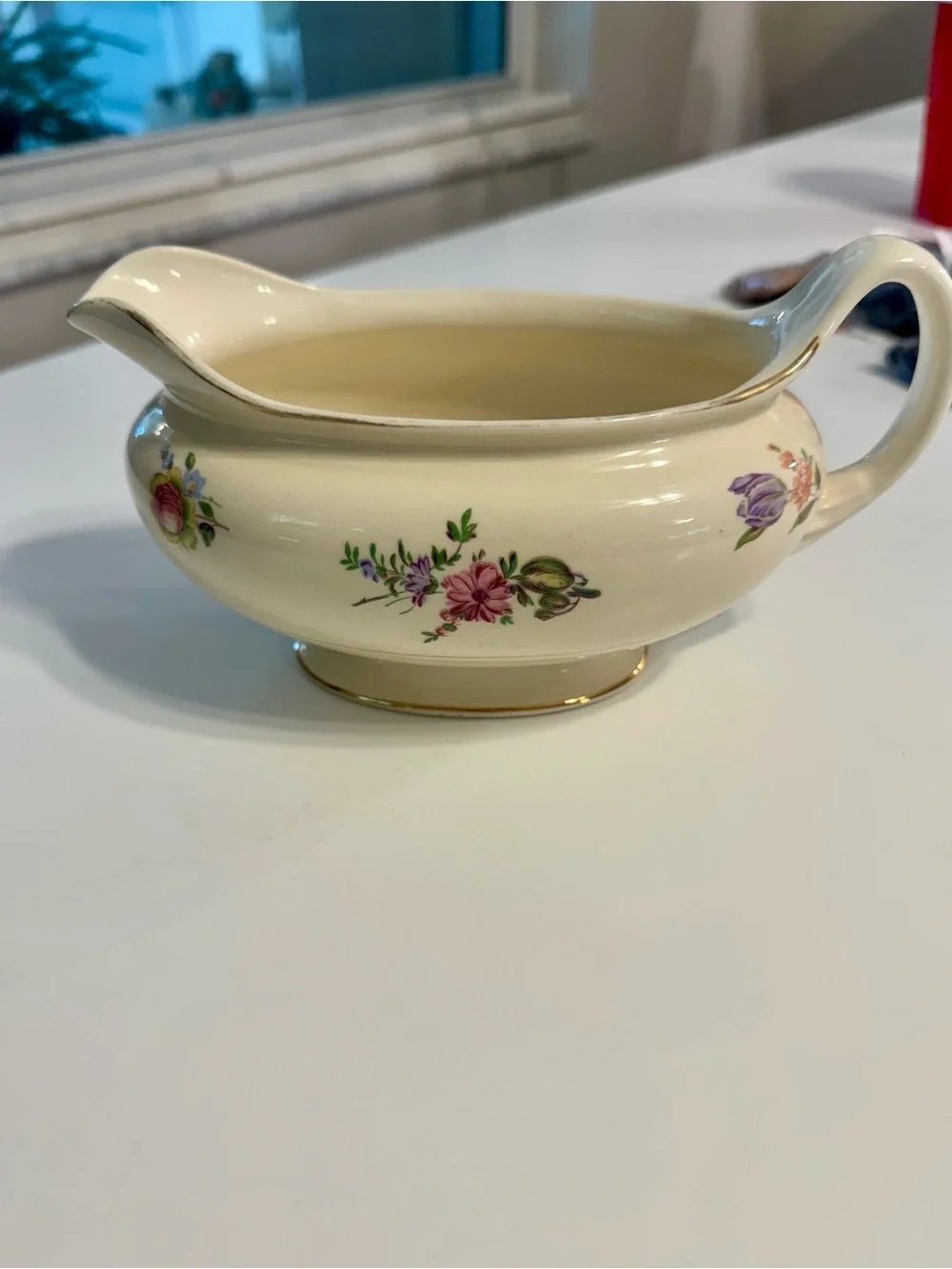 Vintage Cream Floral Porcelain Gravy Boat with Gold Trim